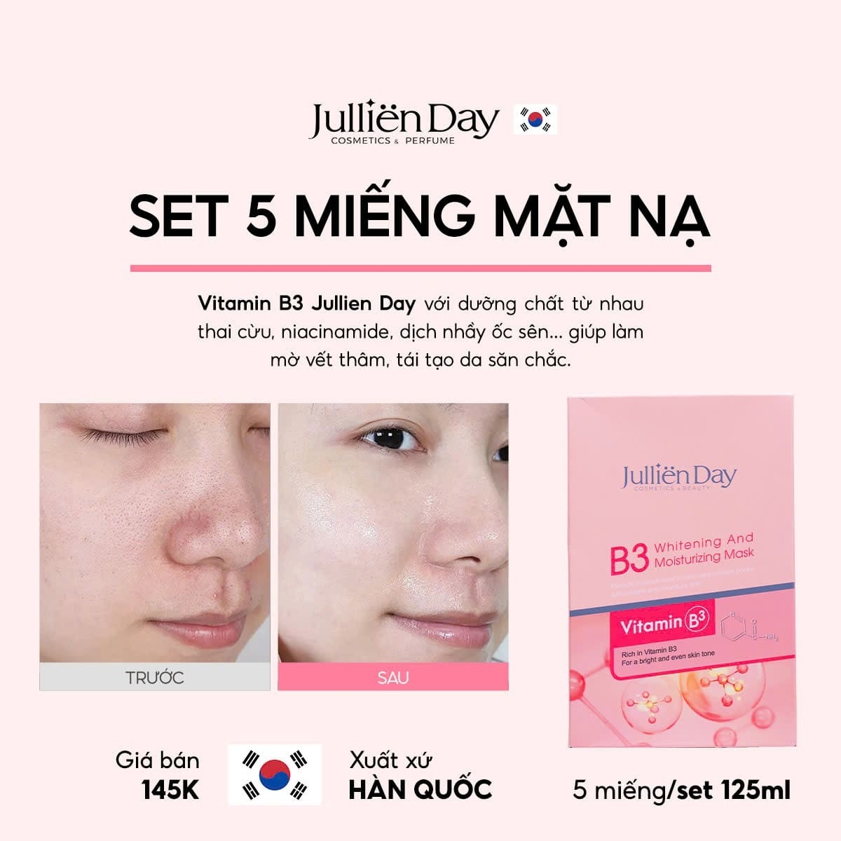 Giảm ngay 32% khi mua mặt nạ dưỡng trắng Vitamin B3 Jullien Day (5 miếng/set 125ml)