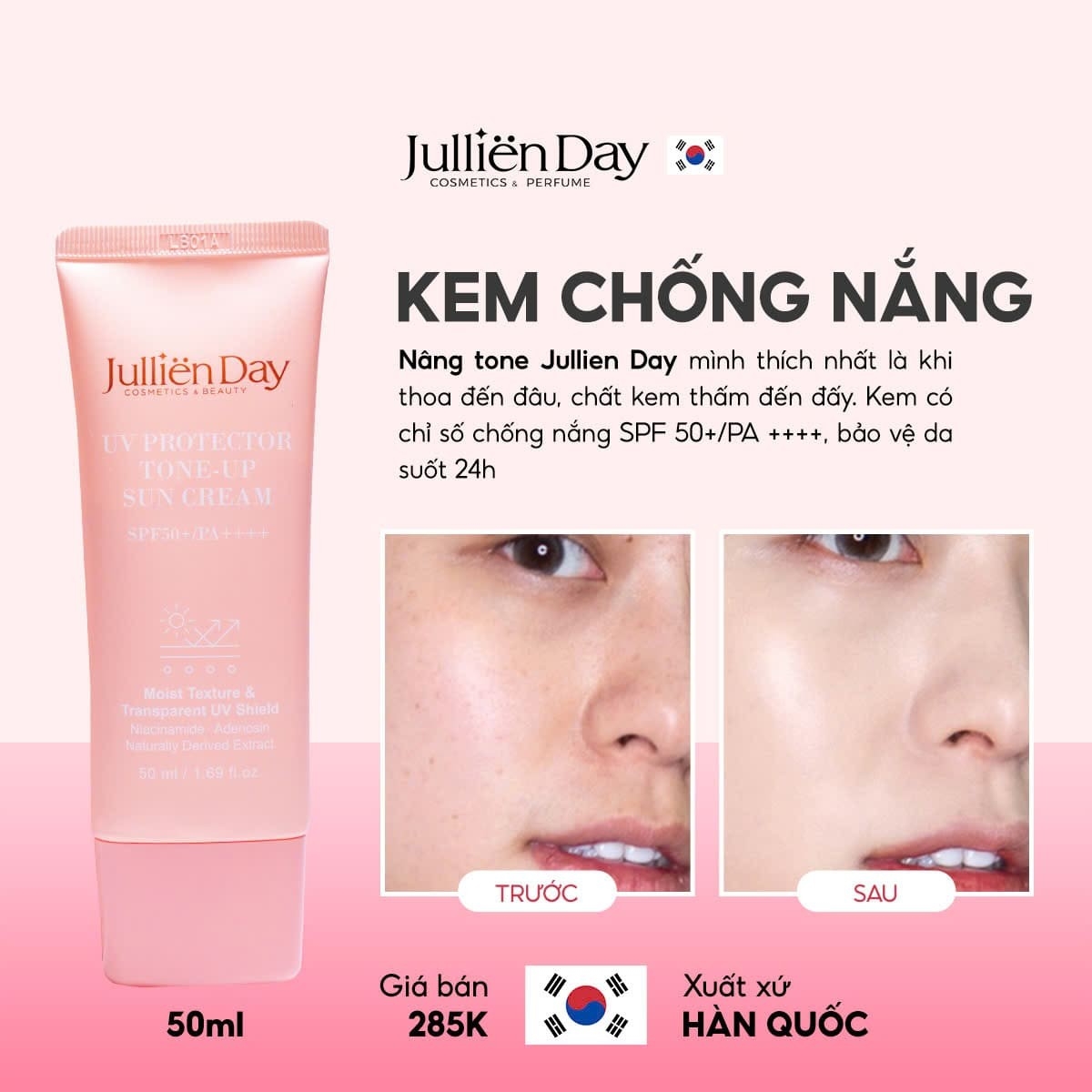 Giảm ngay 32% khi mua kem chống nắng đa năng dưỡng trắng nâng tông Jullien Day (50ml)