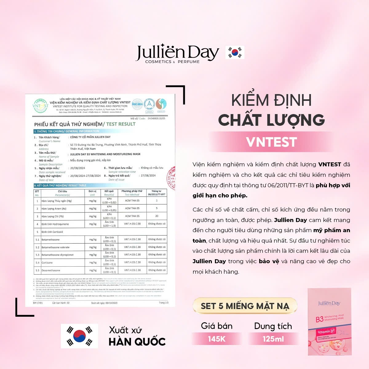 Giảm ngay 32% khi mua mặt nạ dưỡng trắng Vitamin B3 Jullien Day (5 miếng/set 125ml)