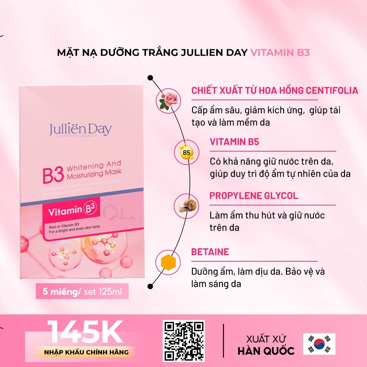 Giảm ngay 32% khi mua mặt nạ dưỡng trắng Vitamin B3 Jullien Day (5 miếng/set 125ml)