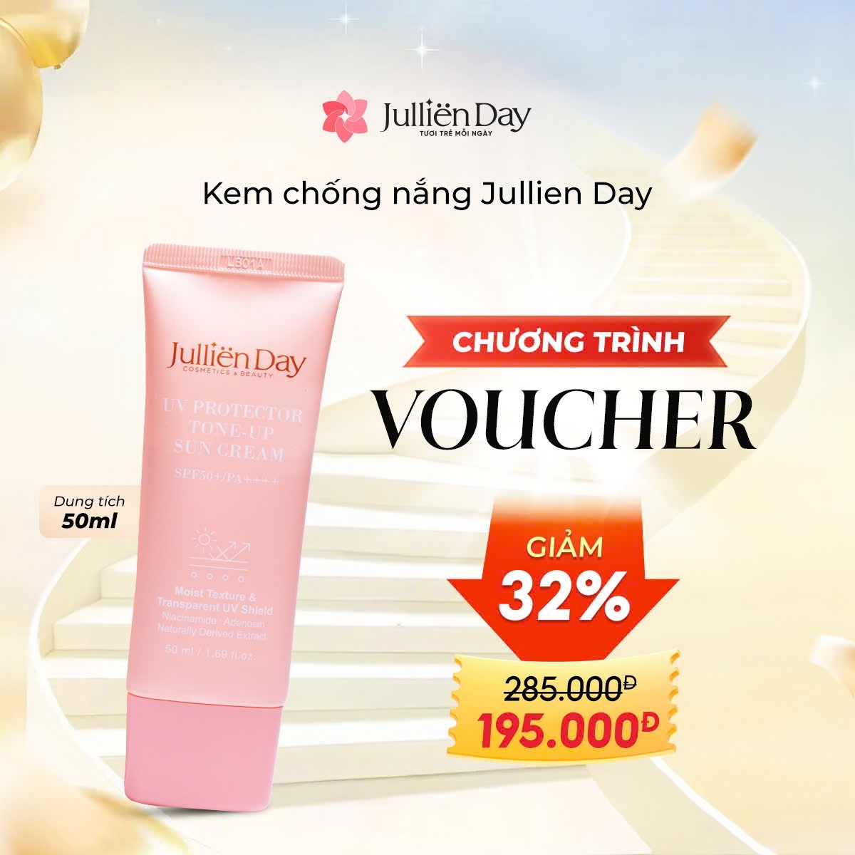 Giảm ngay 32% khi mua kem chống nắng đa năng dưỡng trắng nâng tông Jullien Day (50ml)