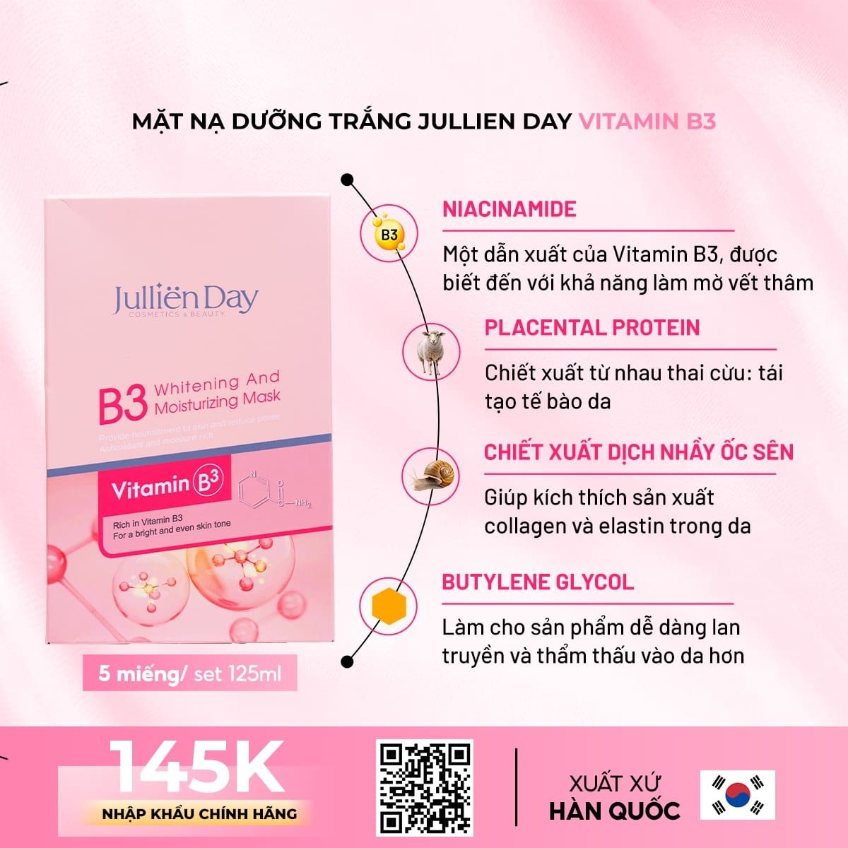 Giảm ngay 32% khi mua mặt nạ dưỡng trắng Vitamin B3 Jullien Day (5 miếng/set 125ml)