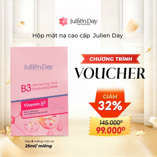 Giảm ngay 32% khi mua mặt nạ dưỡng trắng Vitamin B3 Jullien Day (5 miếng/set 125ml)