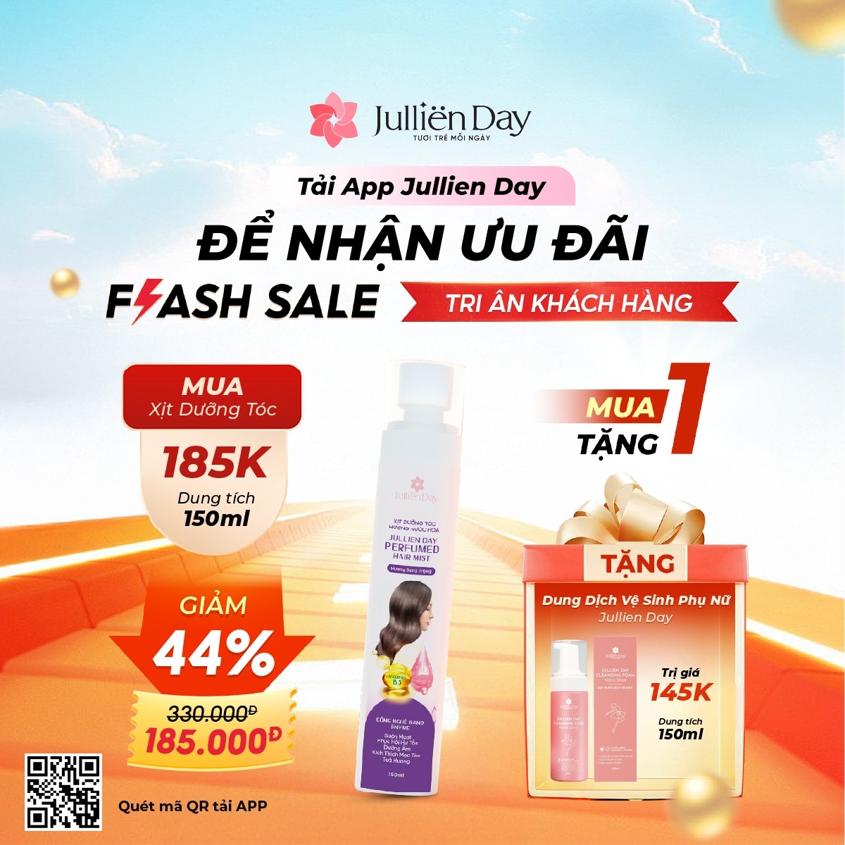Flash sale: Tặng Dung dịch vệ sinh phụ nữ dạng bọt 150ml khi mua Xịt dưỡng tóc hương nước hoa sang trọng 150ml