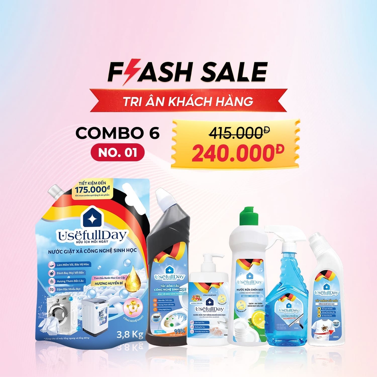 Flash sale: Combo 6 No01 Nước giặt xả, nước rửa tay, nước rửa chén, nước tẩy trắng tẩy mốc, nước tẩy bồn cầu và nước lau kính