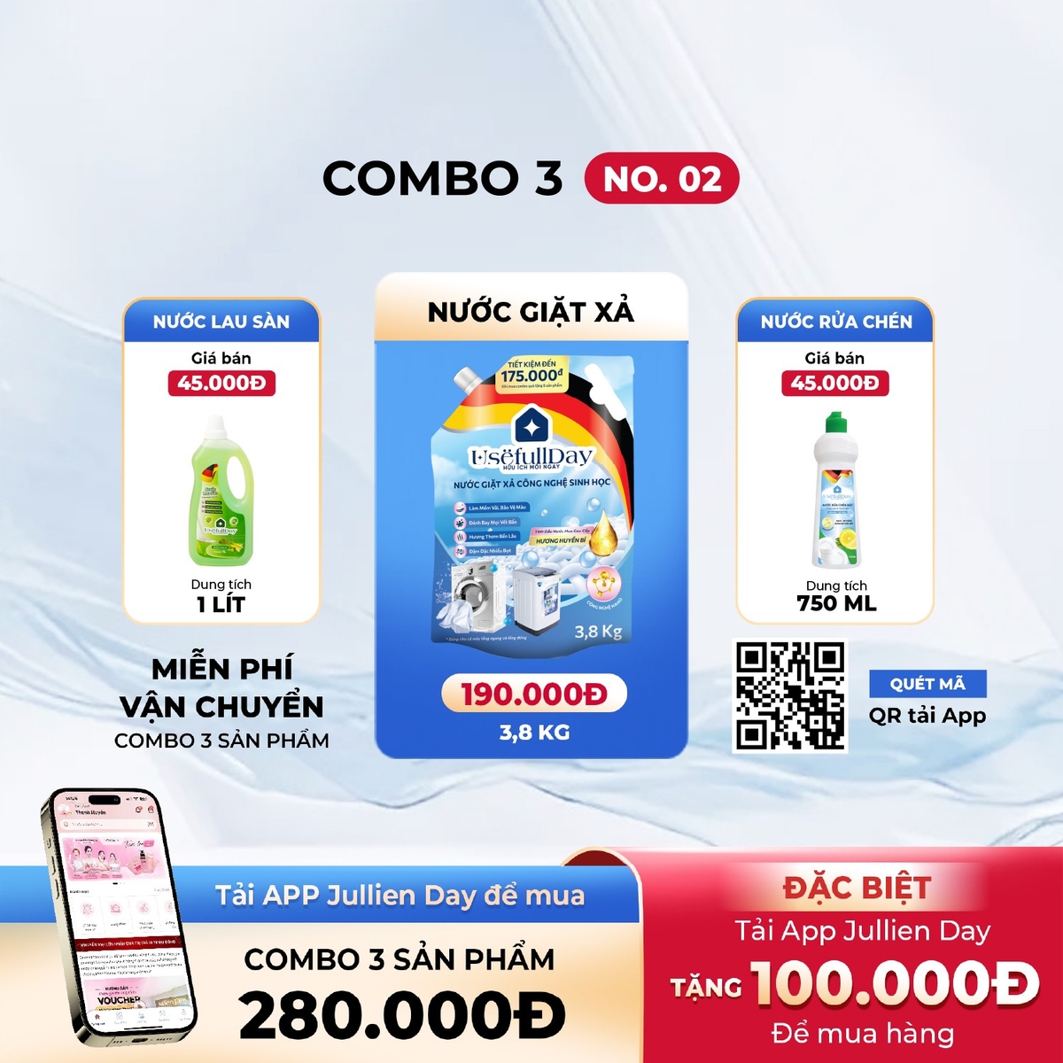 Combo 3 No02 Nước giặt xả 3,8kg, nước rửa chén và nước lau sàn Usefull Day