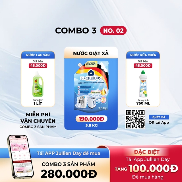 Combo 3 No02 Nước giặt xả 3,8kg, nước rửa chén và nước lau sàn Usefull Day