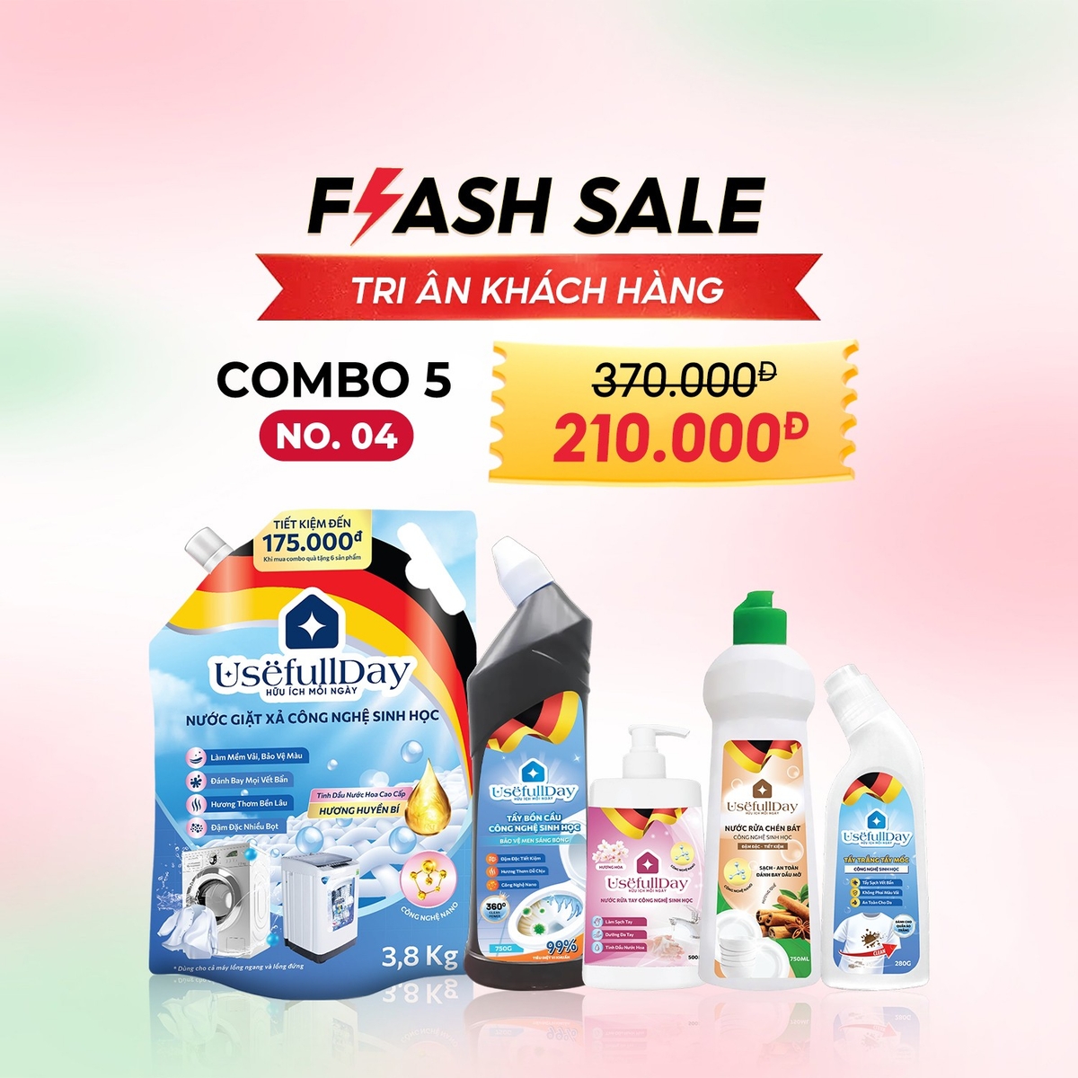 Flash Sale: Combo 5 No04 Nước giặt xả, nước rửa tay, nước rửa chén, nước tẩy trắng tẩy mốc và  tẩy bồn cầu