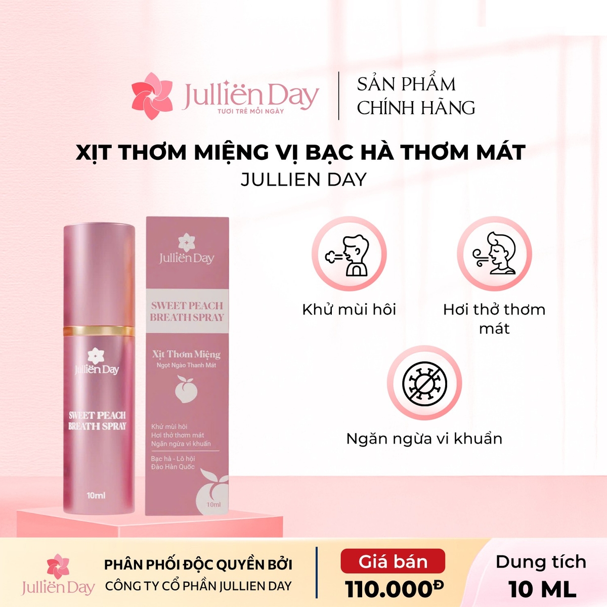 Xịt thơm miệng Jullien Day Mint Breath Spray - Vị đào 10ml