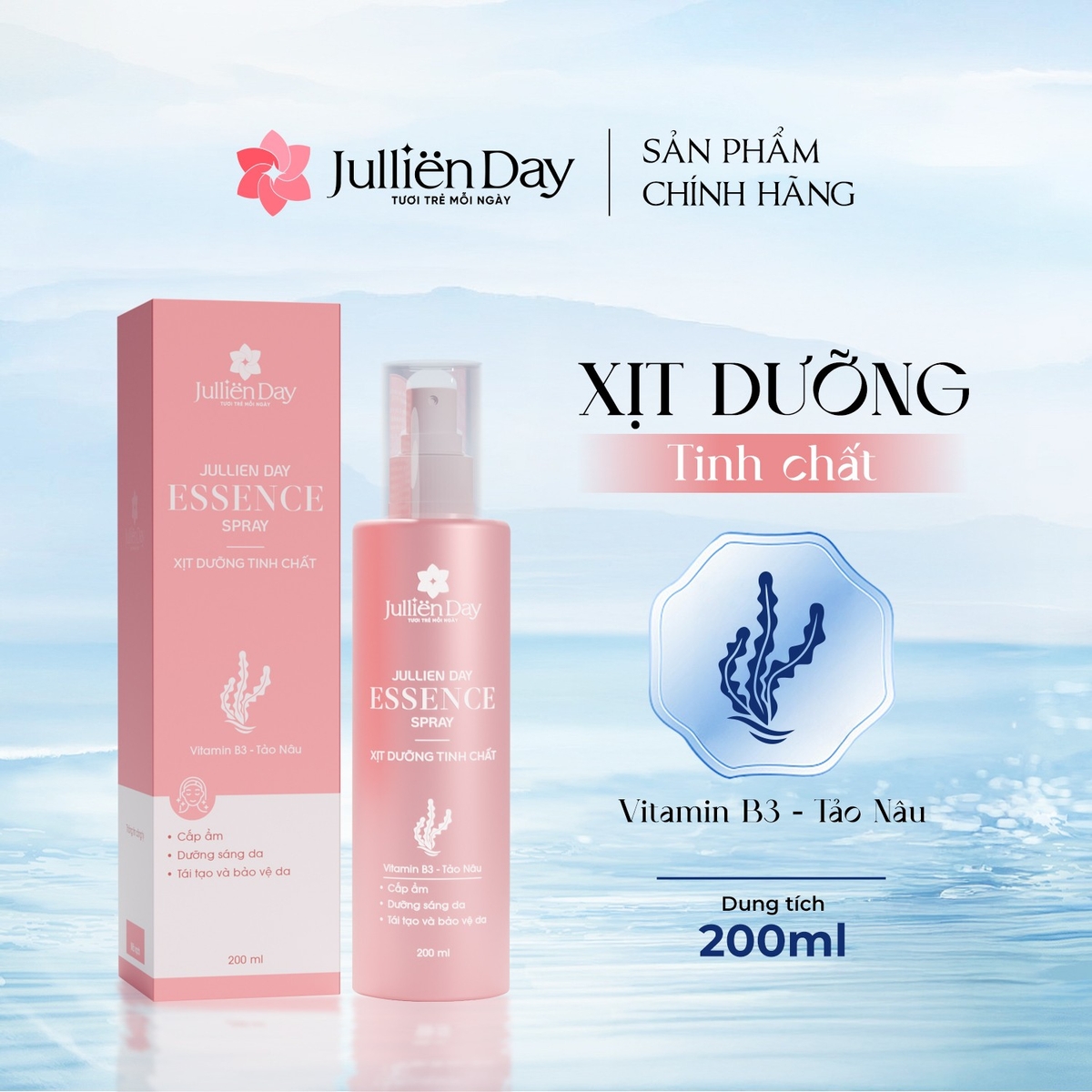 Xịt dưỡng tinh chất phục hồi căng bóng Vitamin B3, tảo nâu Jullien Day