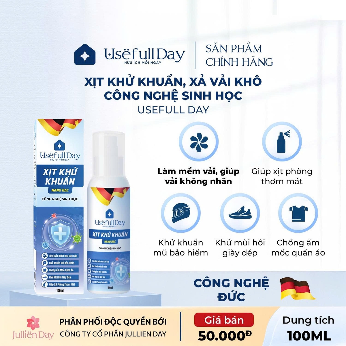 Xịt khử khuẩn (xả vải khô) công nghệ sinh học Nano Bạc Usefull Day 100ml