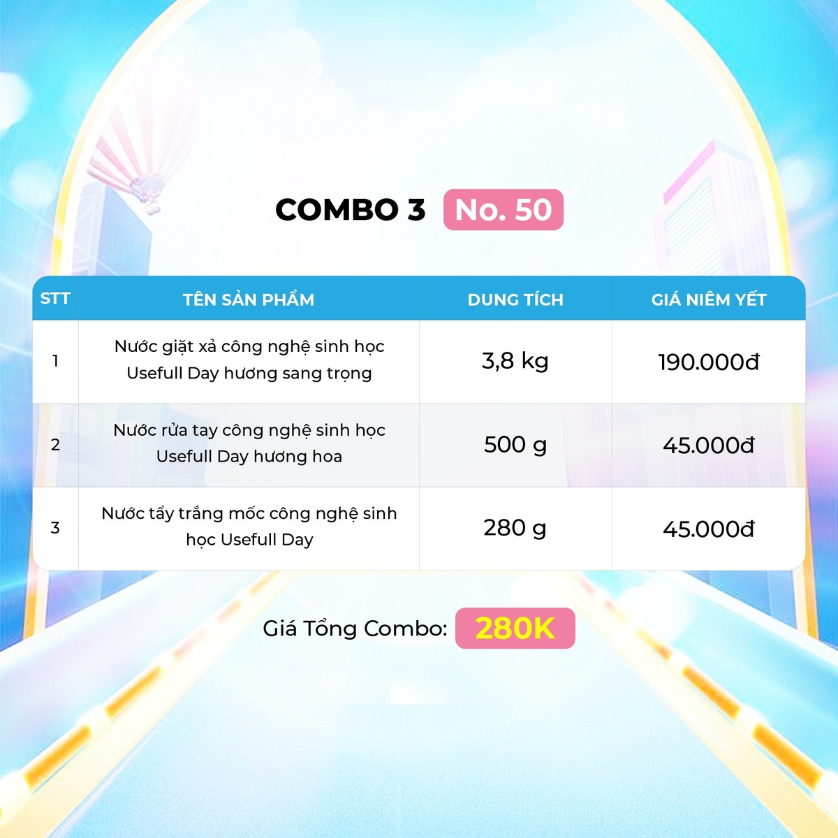 Combo 3 No50 Nước giặt xả 3,8kg, nước rửa tay và tẩy trắng tẩy mốc Usefull Day