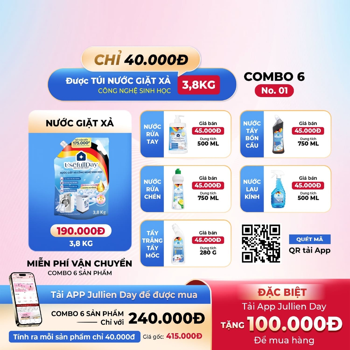 Flash sale: Combo 6 No01 Nước giặt xả, nước rửa tay, nước rửa chén, nước tẩy trắng tẩy mốc, nước tẩy bồn cầu và nước lau kính