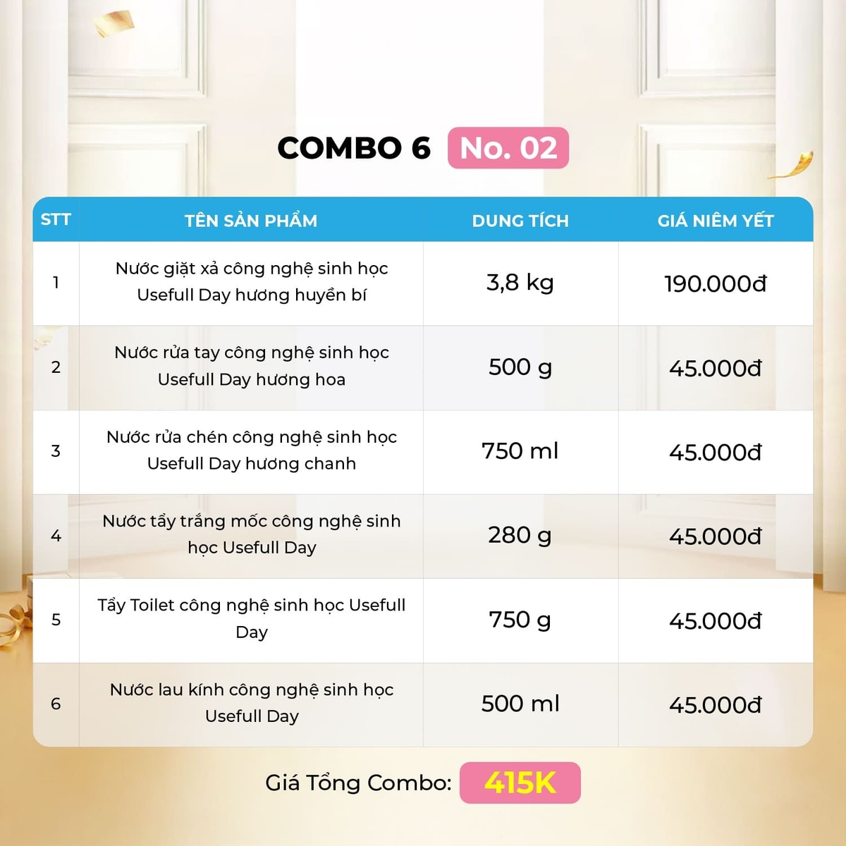 Combo 6 No02 Nước giặt xả, nước rửa tay, nước rửa chén, nước tẩy trắng tẩy mốc, nước tẩy toilet và nước lau kính