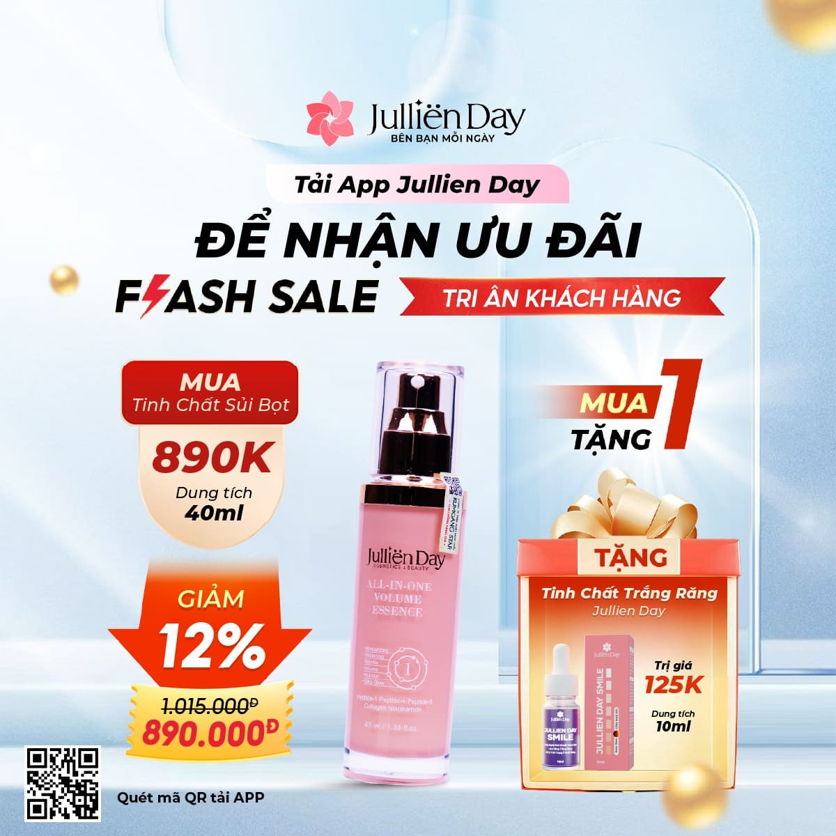 Flash sale mua 1 tặng 1: Tặng tinh chất trắng răng Jullien Day (10 ml) khi mua Tinh chất tạo bọt siêu phục hồi căng bóng da Jullien Day