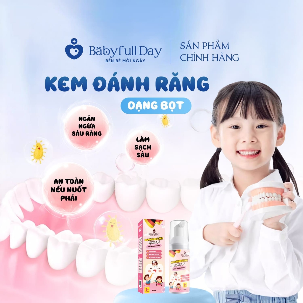 Kem đánh răng trẻ em công nghệ sinh học Babyfull Day dạng bọt