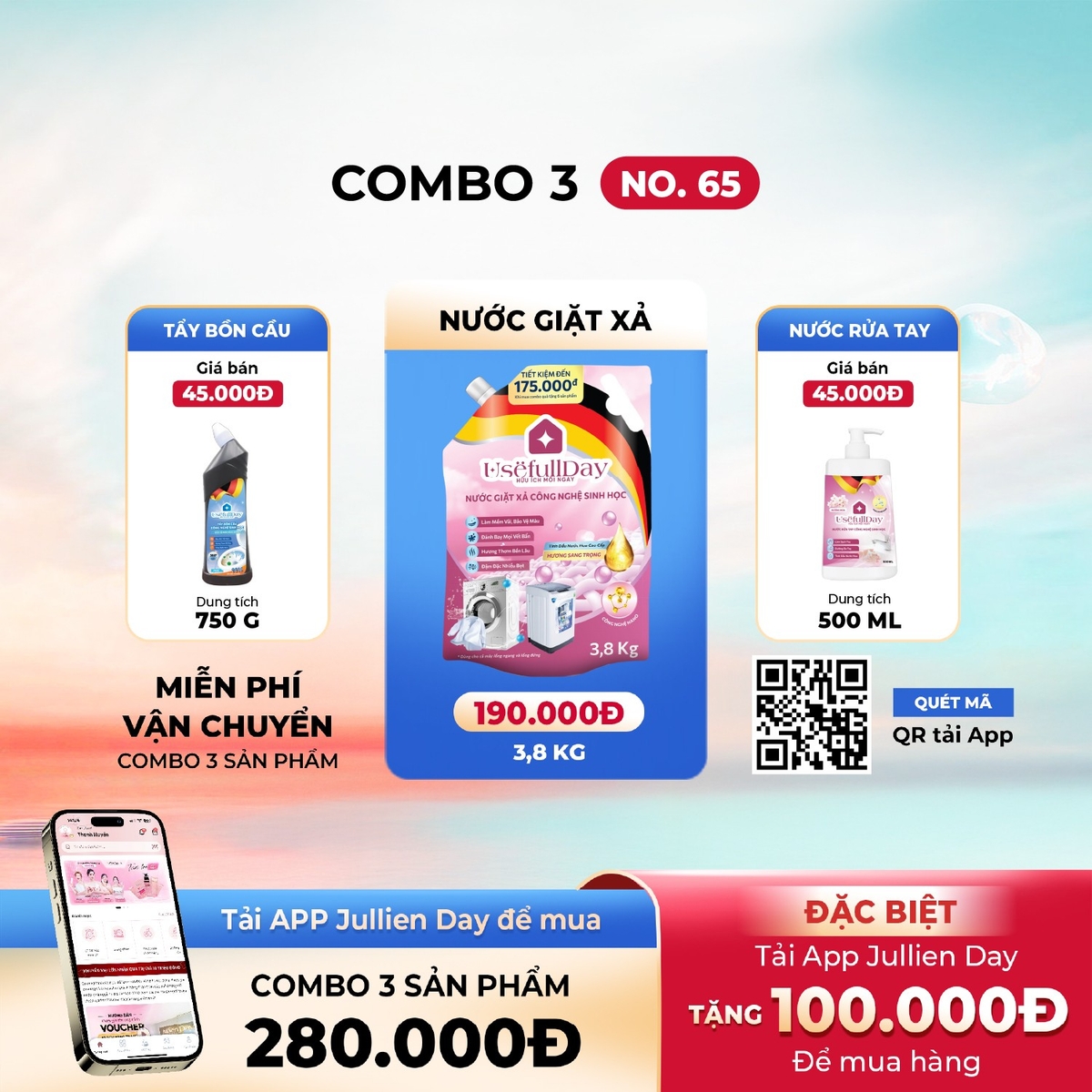 Combo 3 No65 Nước giặt xả 3,8kg, nước rửa tay và nước tẩy bồn cầu Usefull Day