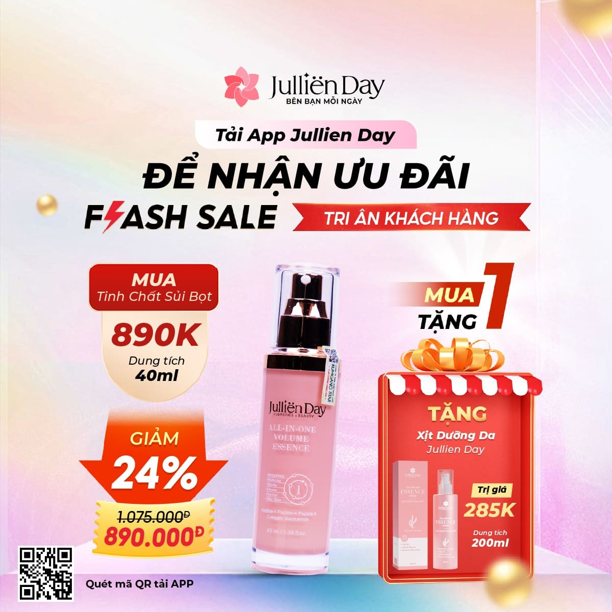 Flash sale mua 1 tặng 1: Tặng xịt dưỡng tinh chất Jullien Day 200ml khi mua Tinh chất tạo bọt siêu phục hồi căng bóng da Jullien Day 6 trong 1 (40ml)