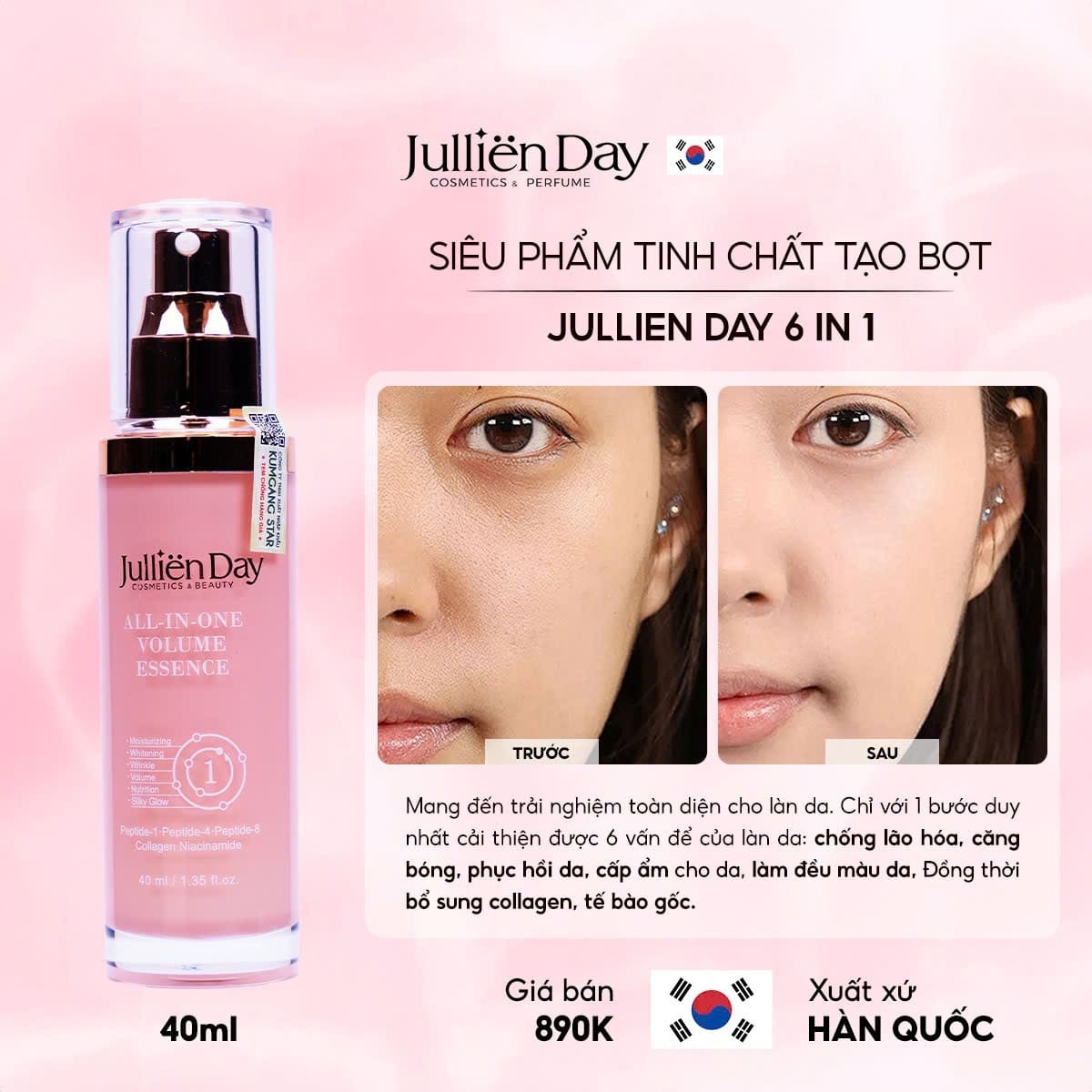 Tinh chất tạo bọt siêu phục hồi căng bóng da Jullien Day 6 trong 1 (40ml)