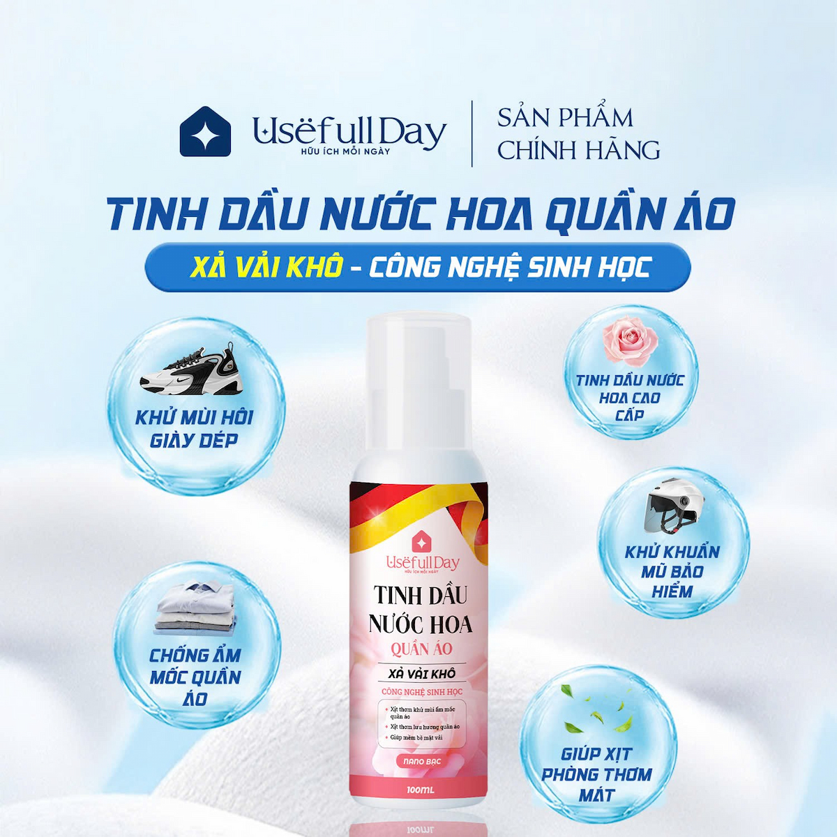 Tinh dầu nước hoa quần áo (xả vải khô) công nghệ sinh học Nano Bạc Usefull Day 100ml