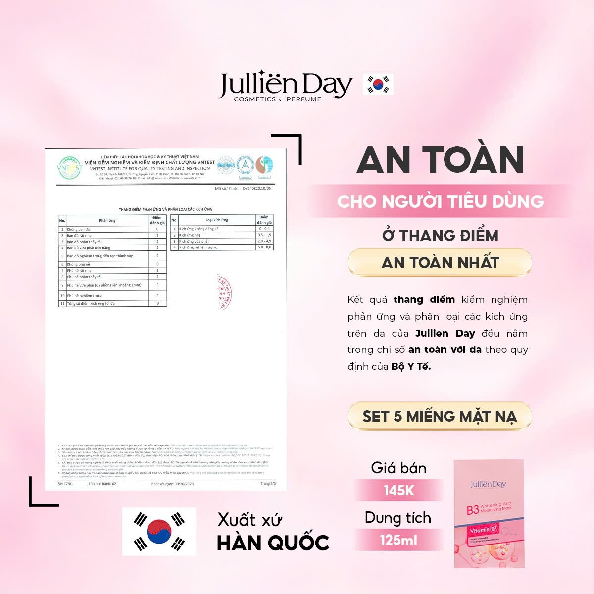 Mặt nạ dưỡng trắng Vitamin B3 Jullien Day (5 miếng/set 125ml)