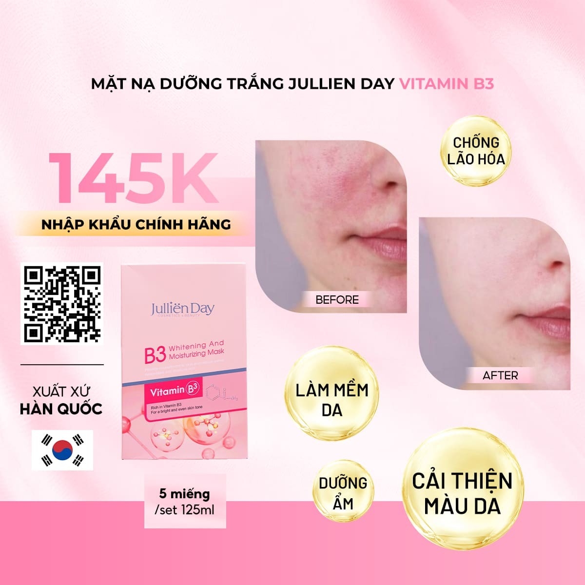 Mặt nạ dưỡng trắng Vitamin B3 Jullien Day (5 miếng/set 125ml)