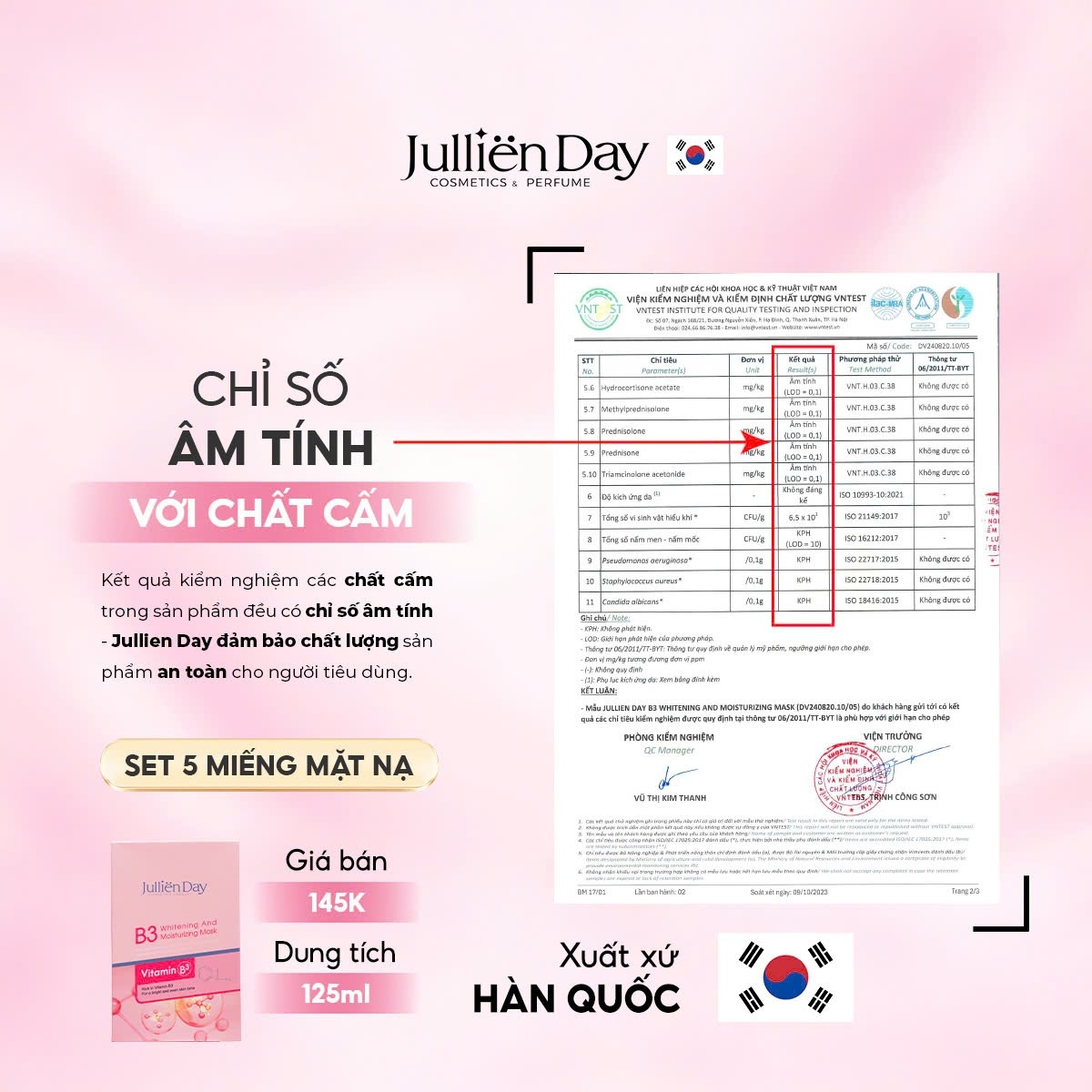Mặt nạ dưỡng trắng Vitamin B3 Jullien Day (5 miếng/set 125ml)