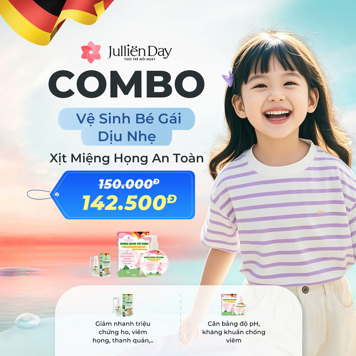 Combo bé 2 sản phẩm BE02 Xịt miệng họng Healfull Day và Dung dịch vệ sinh bé gái Babyfull Day