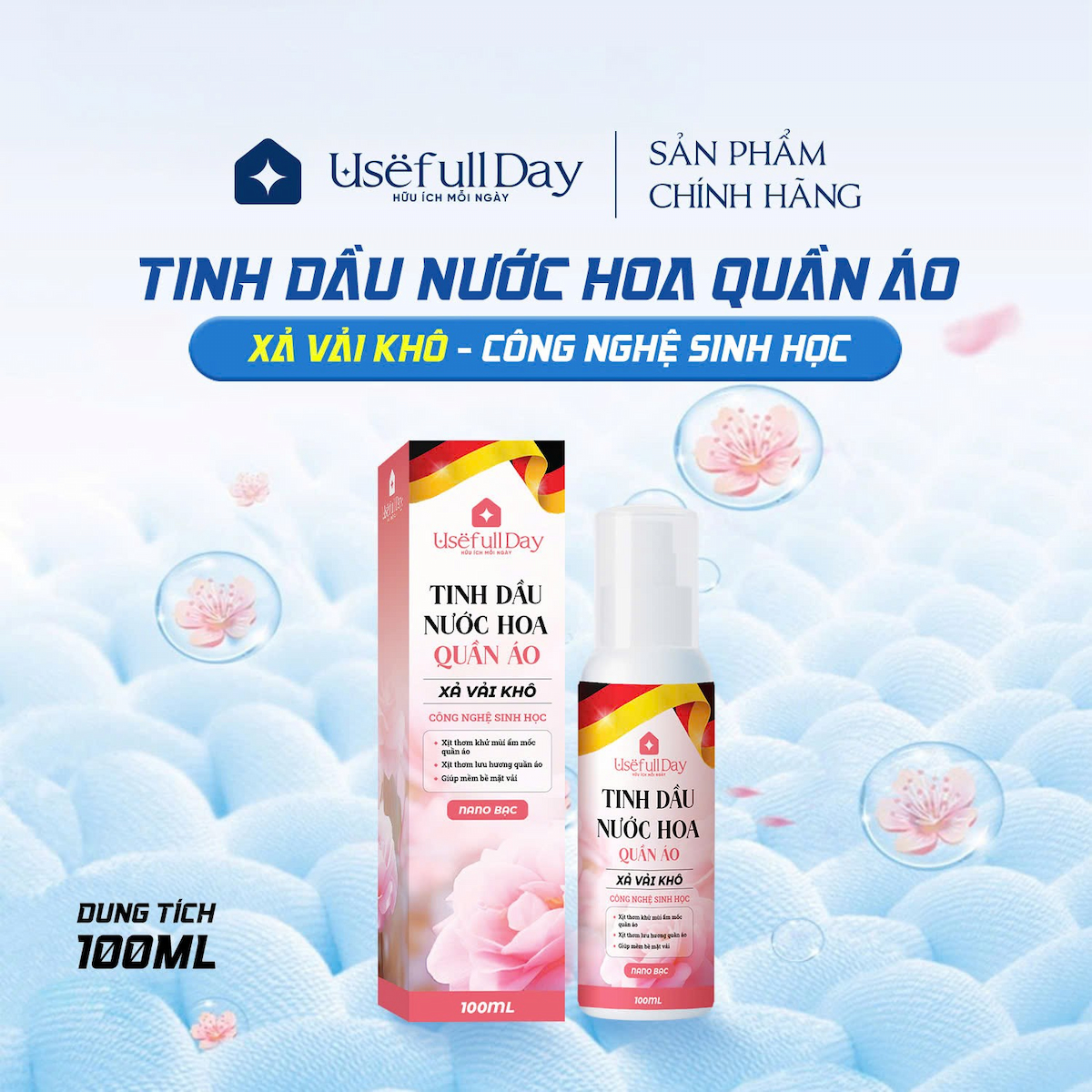 Tinh dầu nước hoa quần áo (xả vải khô) công nghệ sinh học Nano Bạc Usefull Day 100ml