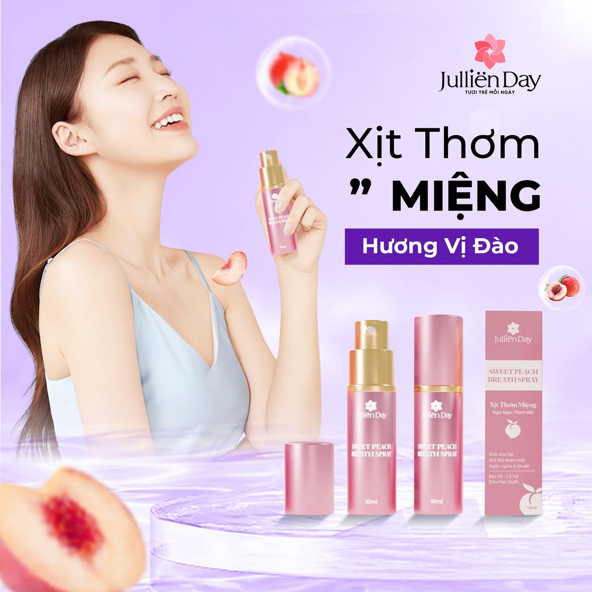 Xịt thơm miệng Jullien Day Mint Breath Spray - Vị đào 10ml