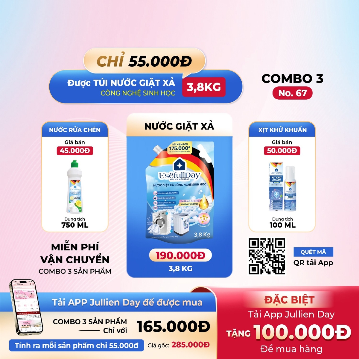 Flash sale: Combo 3 No67 Nước giặt xả 3,8kg, nước rửa chén và xịt khử khuẩn Usefull Day