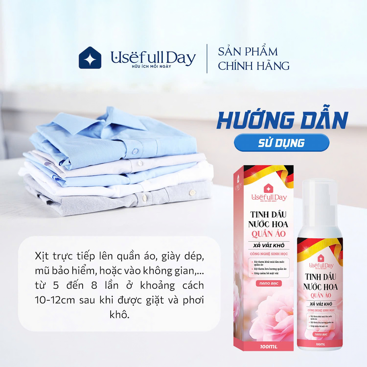 Tinh dầu nước hoa quần áo (xả vải khô) công nghệ sinh học Nano Bạc Usefull Day 100ml