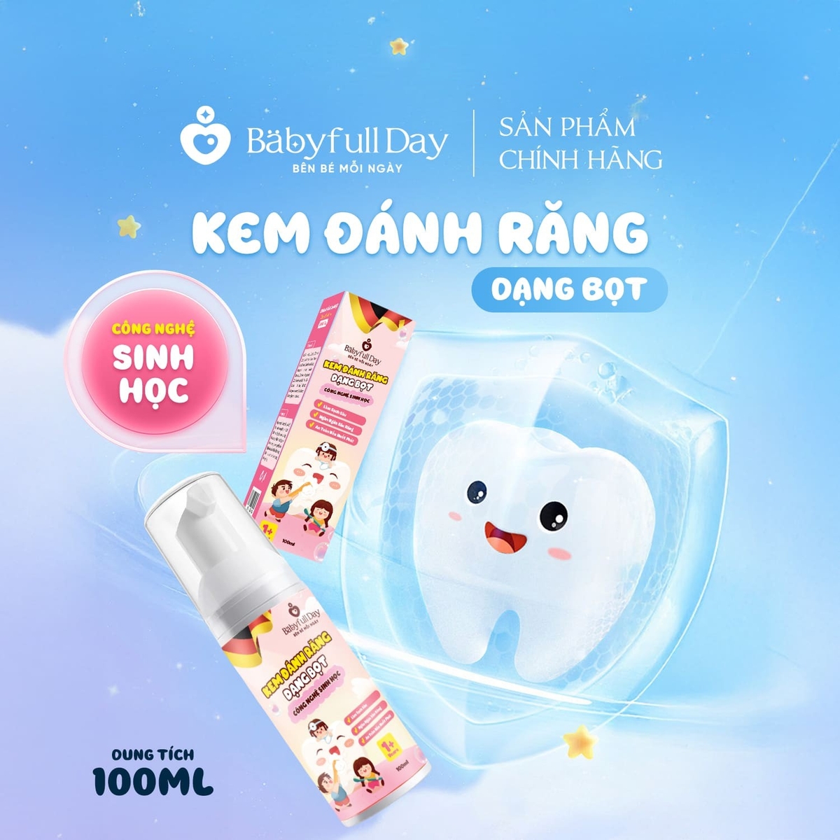 Kem đánh răng trẻ em công nghệ sinh học Babyfull Day dạng bọt