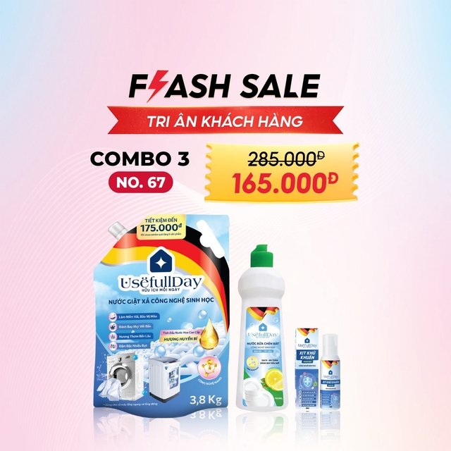 Flash sale: Combo 3 No67 Nước giặt xả 3,8kg, nước rửa chén và xịt khử khuẩn Usefull Day