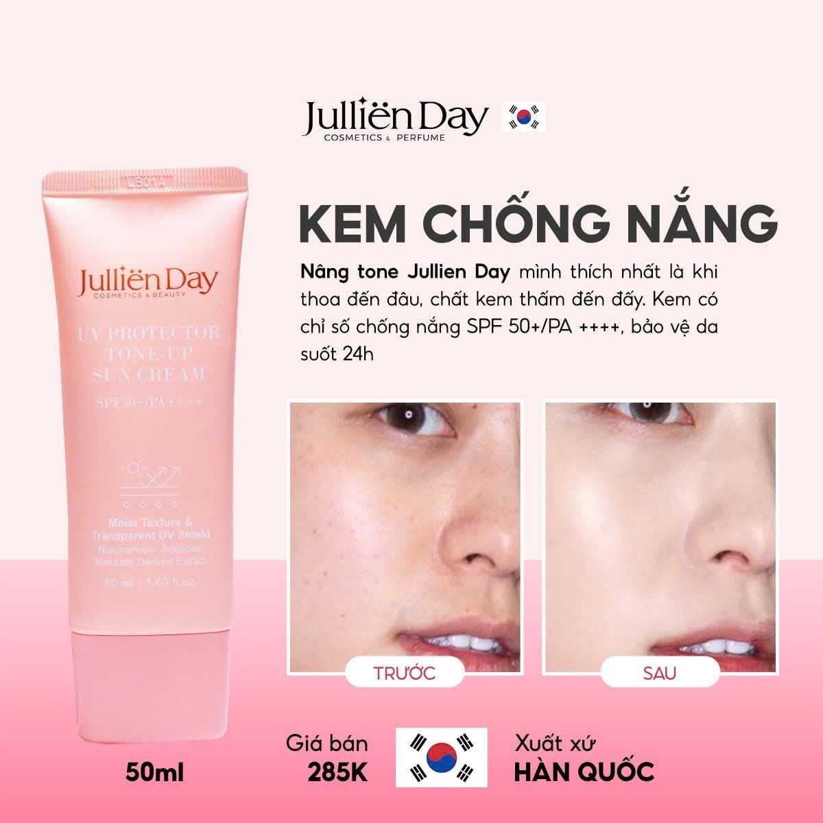 Flash sale: Tặng tinh chất trắng răng Jullien Day (10 ml) khi mua Kem chống nắng đa năng dưỡng trắng nâng tone Jullien Day (50ml)
