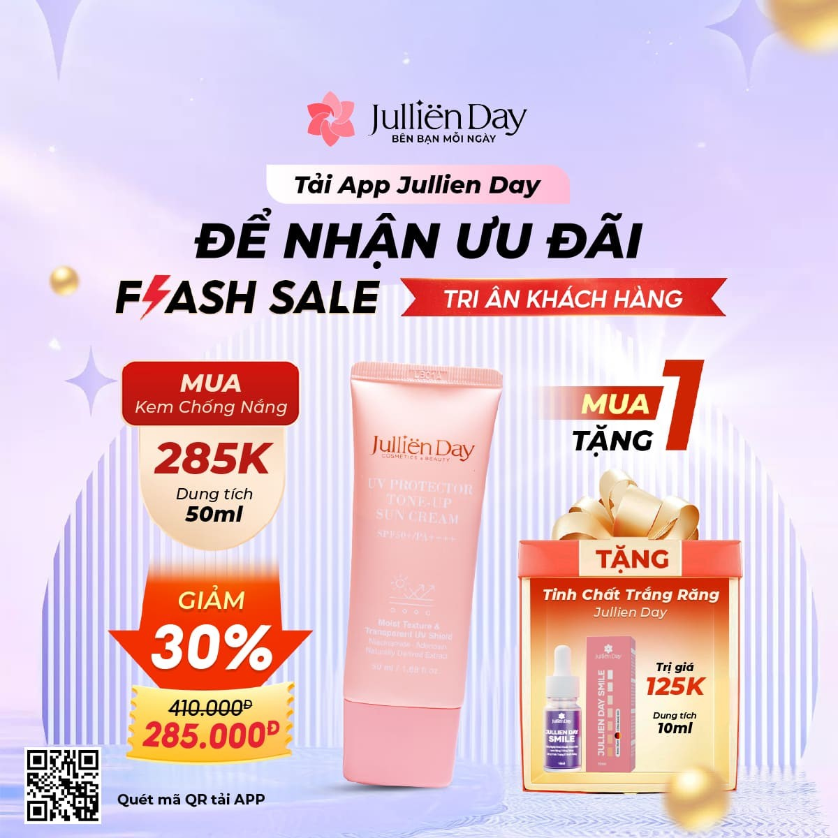 Flash sale: Tặng tinh chất trắng răng Jullien Day (10 ml) khi mua Kem chống nắng đa năng dưỡng trắng nâng tone Jullien Day (50ml)