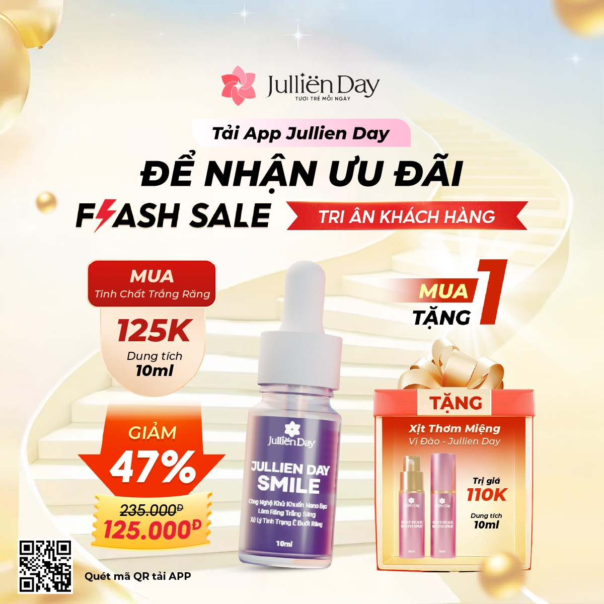 Flash sale: Tặng xịt thơm miệng vị đào (10ml) khi mua Tinh chất trắng răng Jullien Day (10ml)